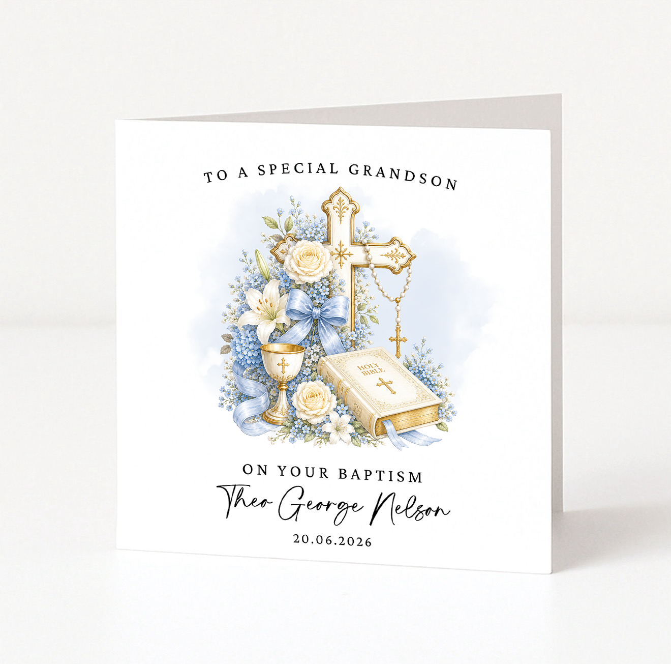 Blue Floral Baptism Card
