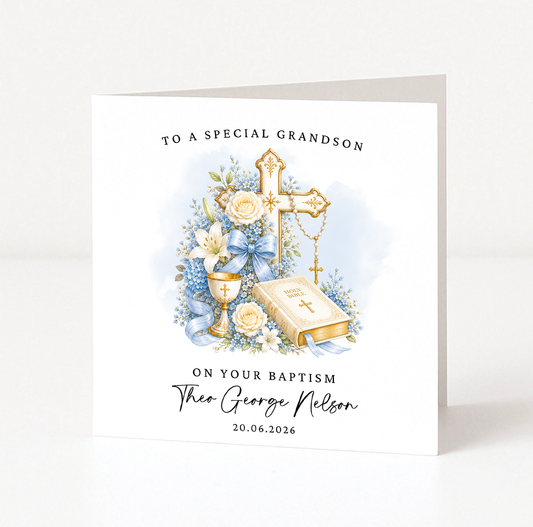 Blue Floral Baptism Card